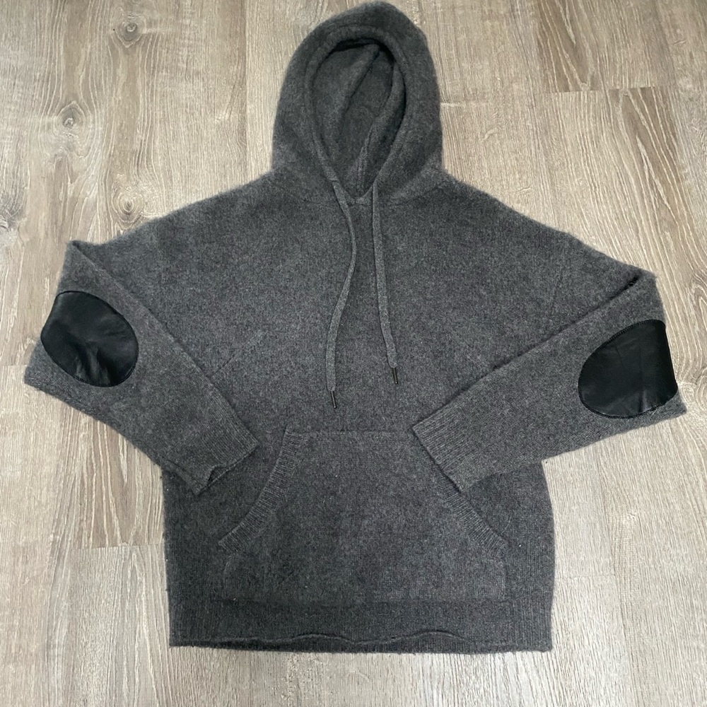 Zadig & Voltaire Cashmere Charcoal Hoodie with Black Leather Elbow Patches